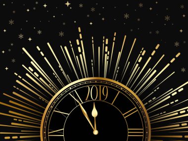 Mutlu yeni yıl 2019 parlak poster ile altın saat, havai fişek ve s