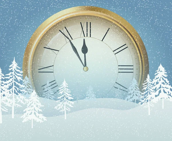 Jul och nyår affisch med gyllene klocka och snö. — Stock vektor
