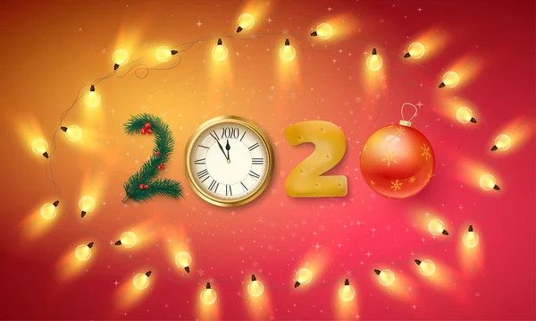 Cartel Feliz Año Nuevo 2020 con reloj y decoración festiva . — Vector de stock