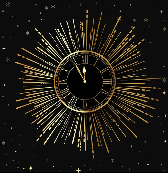 Feliz Año Nuevo tarjeta brillante con reloj de oro, fuegos artificiales y nieve . — Vector de stock
