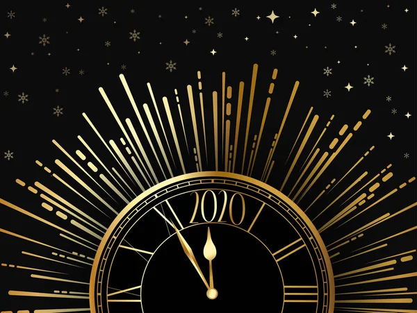 Gelukkig Nieuwjaar 2020 glanzende poster met gouden klok, vuurwerk en s — Stockvector