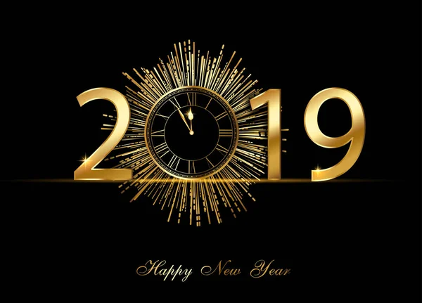Feliz Año Nuevo 2019 tarjeta de felicitación con reloj de oro y fuegos artificiales — Vector de stock