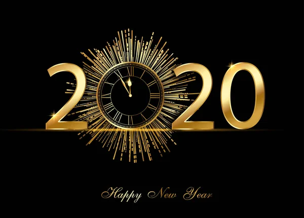 黄金のクロックと花火の幸せな新しい年 2020年グリーティング カード — ストックベクタ