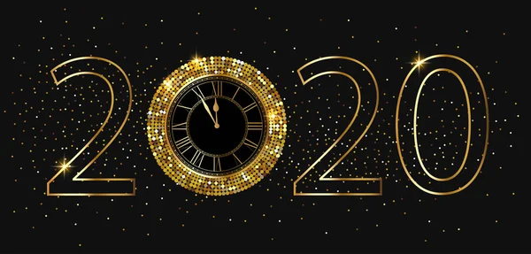 Bonne année 2020 bannière brillante avec horloge dorée . — Image vectorielle