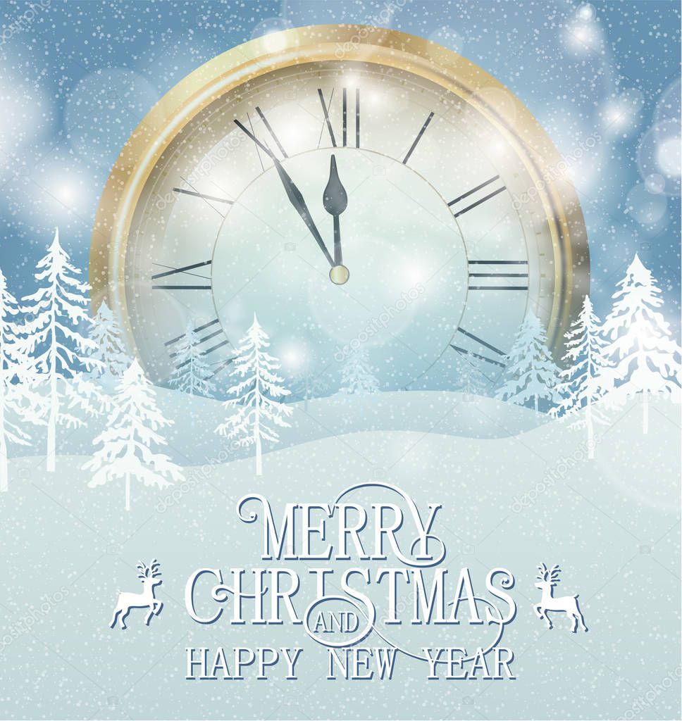 Merry Christmas and Happy New Year card with golden clock.