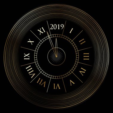 Altın parlak saati ile Noel ve yeni yıl 2019 dekorasyon.