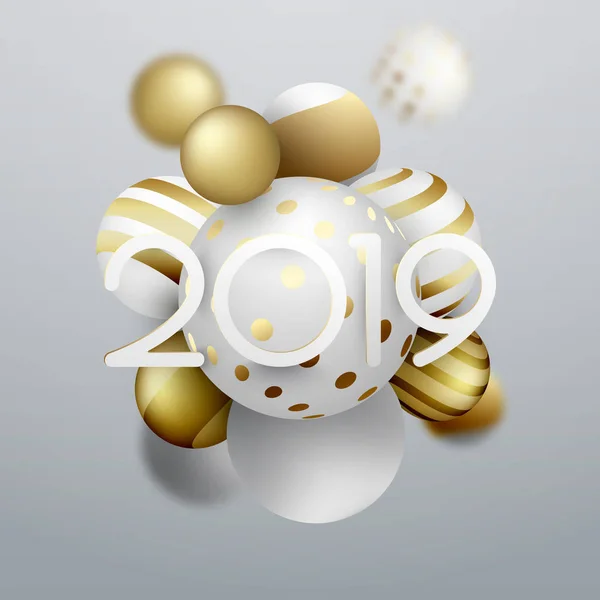 Frohes neues Jahr 2019 Grußkarte mit goldenen Weihnachtskugeln. — Stockvektor