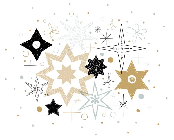 Fondo de invierno con estrellas abstractas y copos de nieve . — Vector de stock