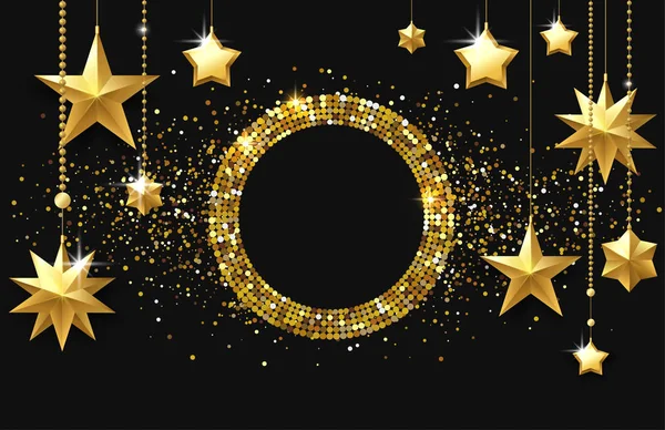 Черный блестящий праздничный фон с золотой круглой рамкой, звездами — стоковый вектор