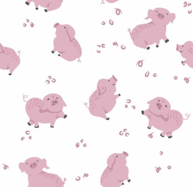 Sevimli pembe domuzlarla beyaz seamless modeli.