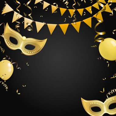 Altın maske ve bayrakları ile siyah carnival arka plan.