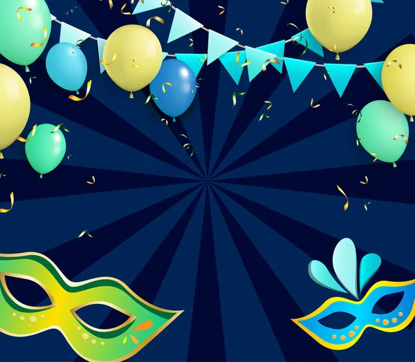 Blauer Karnevalshintergrund mit bunten Masken und Luftballons. — Stockvektor