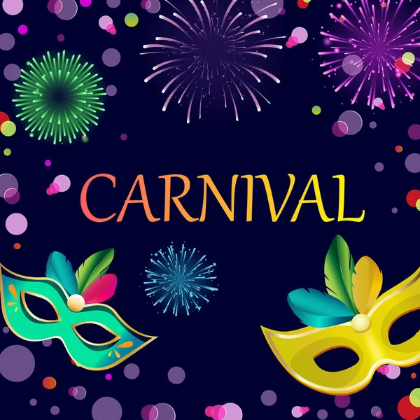 Fialový karneval pozadí barvy masky a ohňostroj. — Stockový vektor