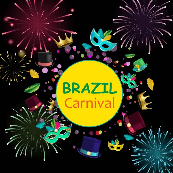 Brasilianischer Karneval mit farbigen Masken und Feuerwerk. — Stockvektor