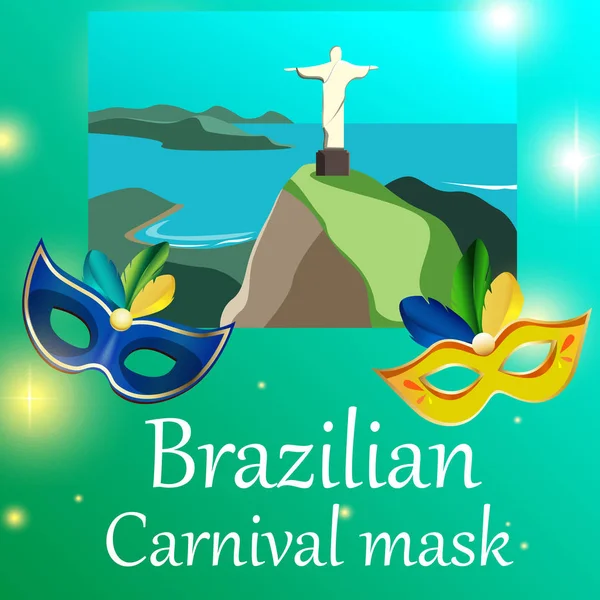 Grüne brasilianische Karneval Hintergrund mit festlichen Masken. — Stockvektor