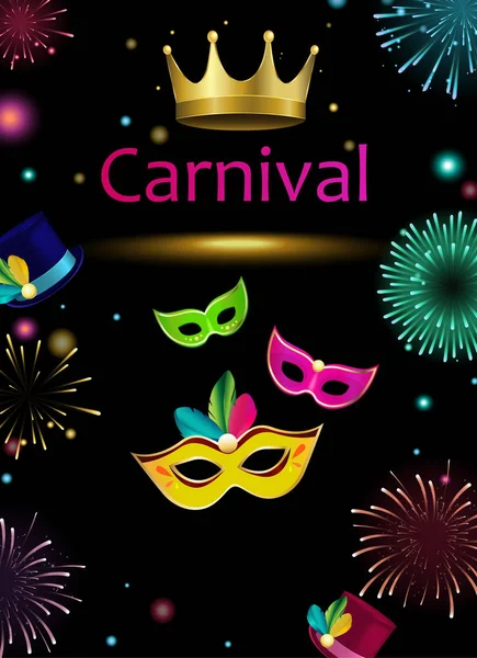 Schwarzer Karnevalshintergrund mit Masken und Feuerwerk. — Stockvektor