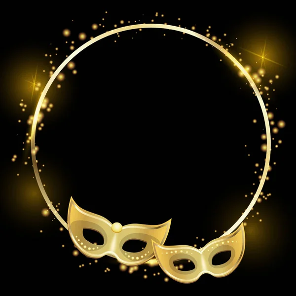 Fondo negro brillante carnaval redondo con máscaras de oro . — Vector de stock