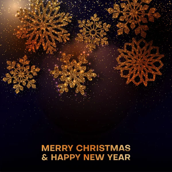 Счастливого Рождества и счастливого Нового года с золотистым блестящим снегопадом! — стоковый вектор
