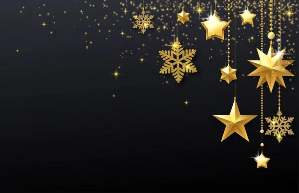Preto brilhante fundo festivo com estrelas douradas e flocos de neve . — Vetor de Stock