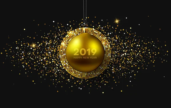 Feliz Año Nuevo 2019 cartel brillante con bola de Navidad de oro y — Vector de stock