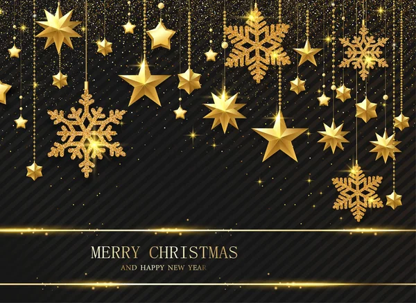 Feliz Navidad y Feliz Año Nuevo cartel brillante con estrella dorada — Vector de stock