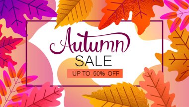 Satış promosyon posteri ile renkli kapalı 50'ye kadar sonbahar yaprakları. Vektör arka plan. 