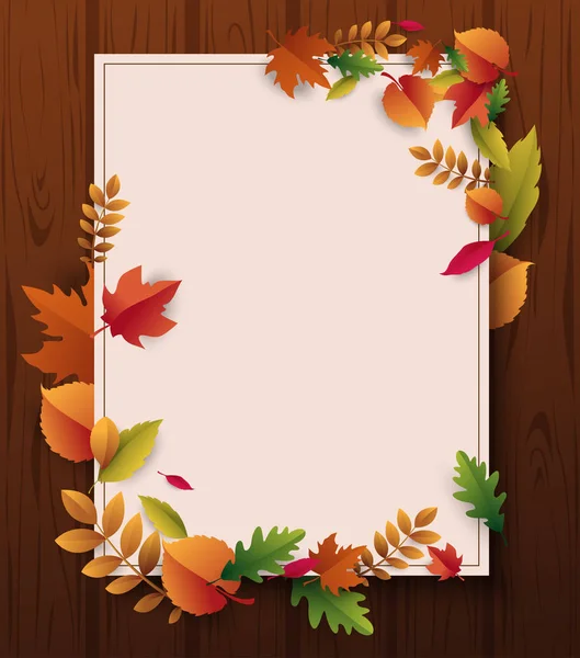 Wooden textured autumn background with beautiful fallen leaves. — Stock Vector