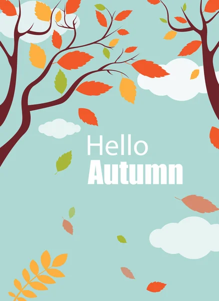 Hallo Herbst Hintergrund mit Bäumen und fallenden Blättern. — Stockvektor