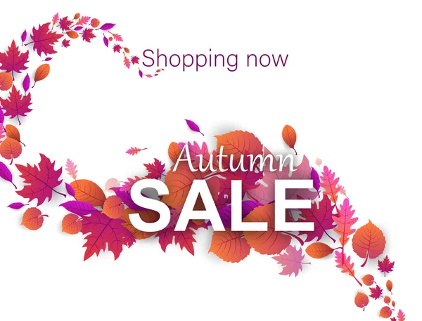 Herbstverkaufskarte mit schönen Blättern. Jetzt einkaufen. — Stockvektor