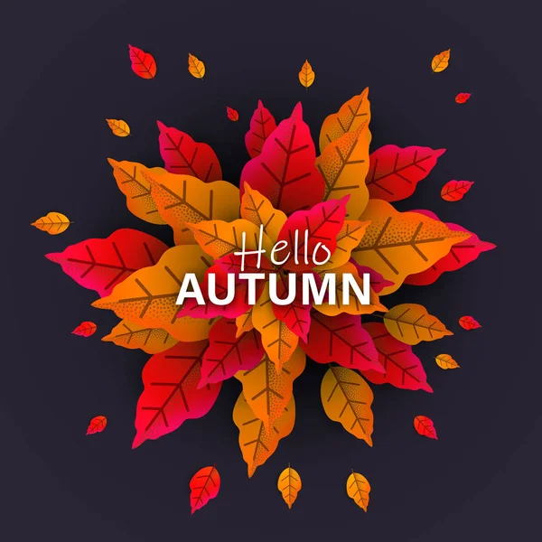 Hola cartel de otoño con ramo de hojas naranjas . — Vector de stock