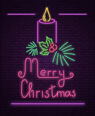 Mum ve holly ile neşeli Noel pembe neon ışık saçan kartı