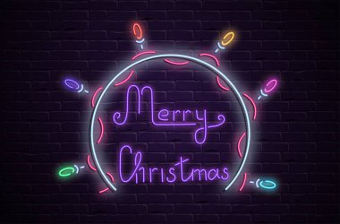 Neşeli Noel neon parlak kartı bric üzerinde dekoratif fener ile