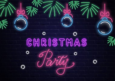 Noel partisi neon ışık saçan poster bri Noel topları ile