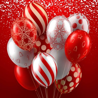 Parlak kırmızı ve beyaz balonlar ve konfeti ile tebrik kartı.