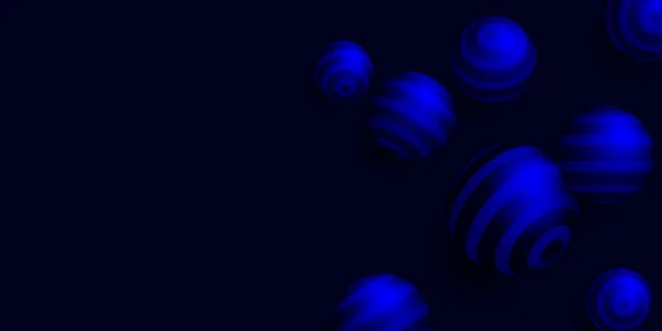 Schwarzer Hintergrund mit blau gestreiften 3D-Kugeln. — Stockvektor