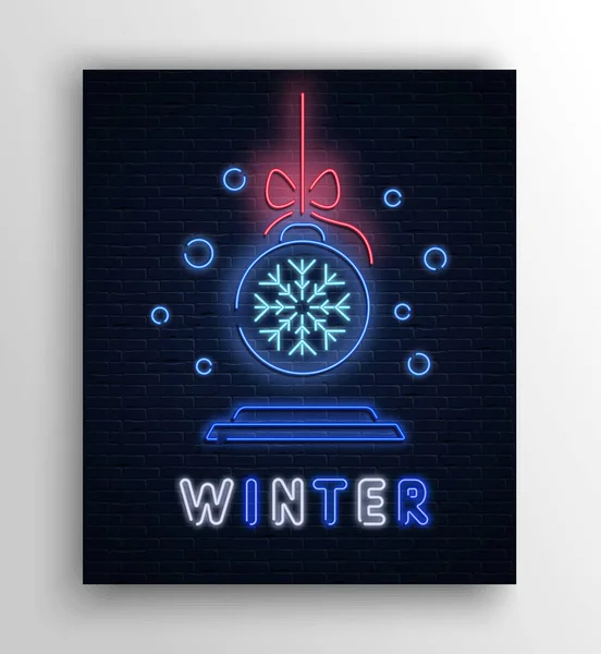 Tarjeta de invierno con bola de Navidad luminosa de neón en ladrillo texturizado — Vector de stock