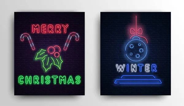 Merry Christmas and winter neon luminous cards on brick textured — Stock Vector