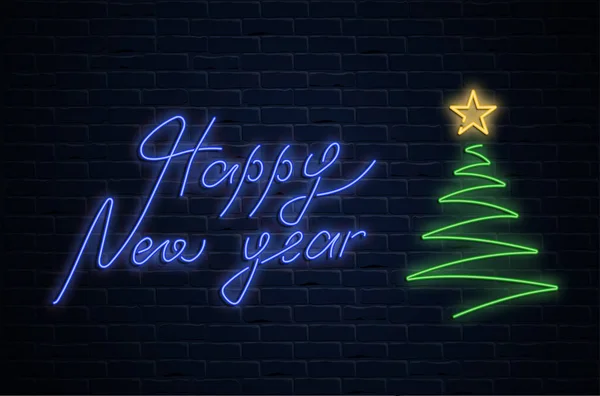 Bonne année néon affiche lumineuse avec arbre de Noël sur brique — Image vectorielle