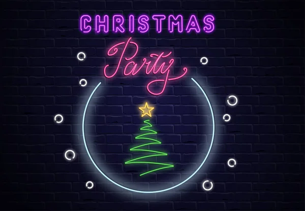 Christmas party neon luminous poster with Christmas tree on bric — Stock Vector
