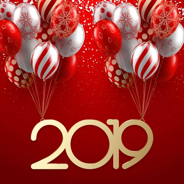 Tarjeta de Navidad Roja y Año Nuevo 2019 con globos brillantes y con — Vector de stock