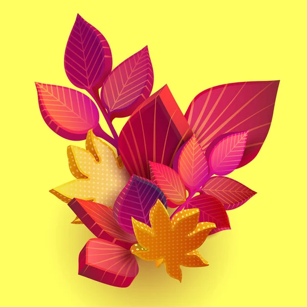 Herbst gelben Hintergrund mit schönen 3D-Blättern. — Stockvektor