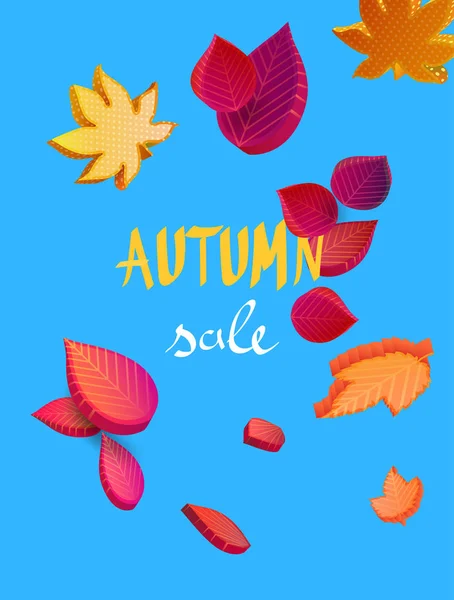 Fondo de venta de otoño azul con hojas 3D coloridas . — Vector de stock
