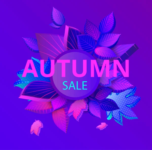 Fundo de venda de outono roxo com folhas 3d coloridas . — Vetor de Stock