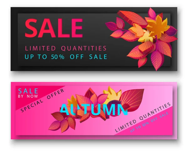 Cartes de vente d'automne et bannières avec des feuilles 3d colorées . — Image vectorielle