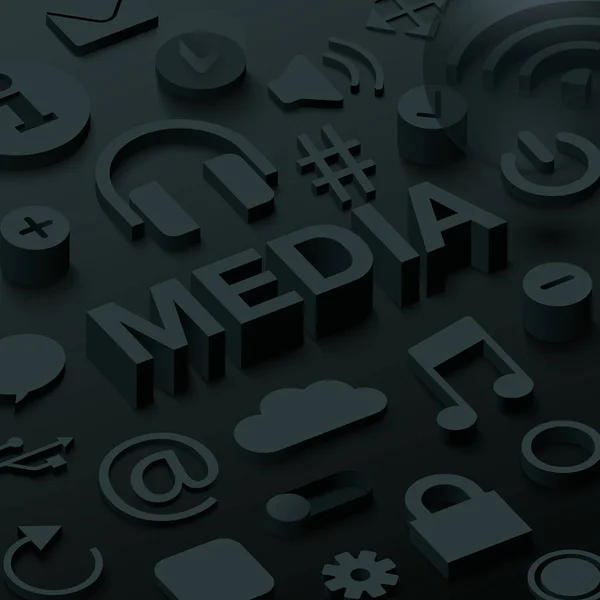 Černá 3d média pozadí webové symboly. — Stockový vektor