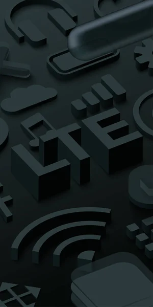 Negro 3d LTE fondo con símbolos web . — Vector de stock