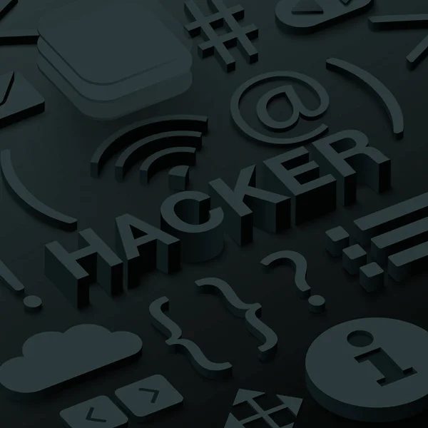 Black 3d hacker background with web symbols.