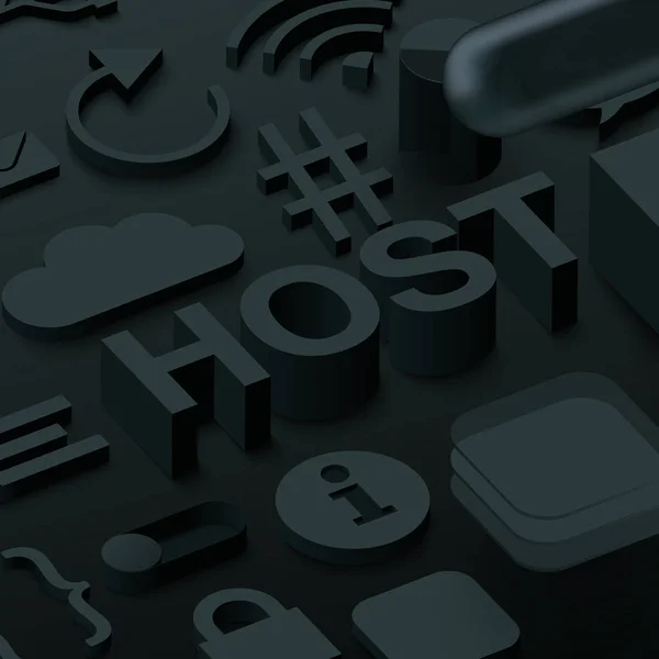 Arrière-plan d'hôte 3d noir avec des symboles Web . — Image vectorielle