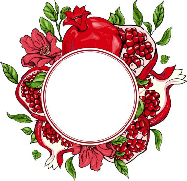 Beyaz arka plan kırmızı nar ile yuvarlak. 