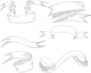 Dekoratif kağıt şeritler ve afiş üzerinde izole beyaz eskiz.  